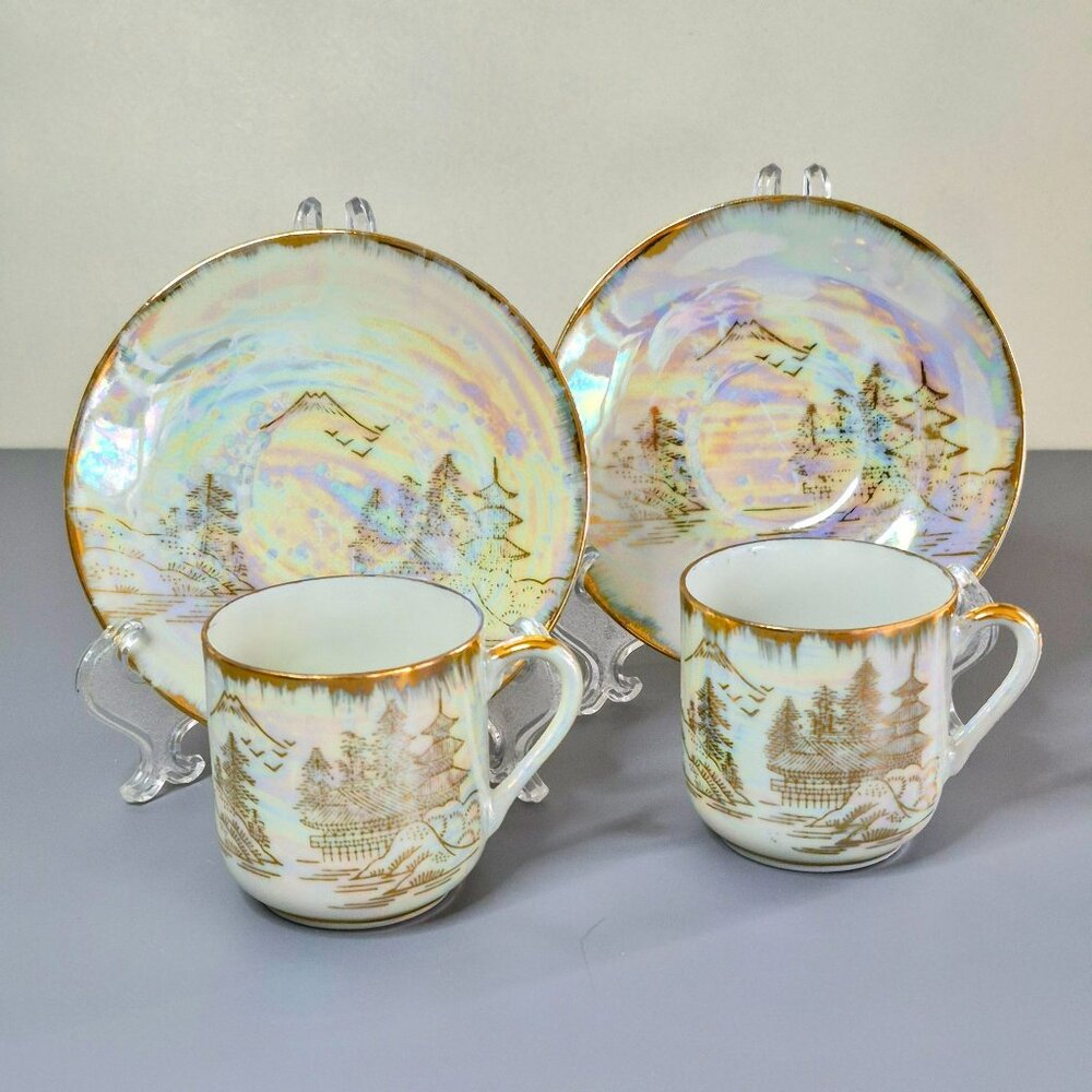 Lithophane Geisha Espresso Cup & Saucer, 2 Sets, Pearl Luster Opalescent & Gold